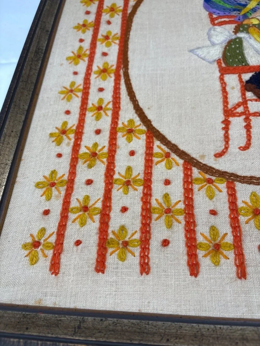 Framed Embroidered Girl on Chair Hat Bow Folk Art Wall Decor 21